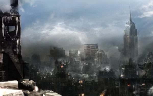 HD PC desktop wallpaper depicting a dark, smoky cityscape from the video game Prototype (2009) with ruined buildings under a cloudy sky.