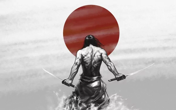 Fantasy samurai artwork showcased as an HD desktop wallpaper, featuring a samurai holding two swords against a dramatic background with a large red sun.