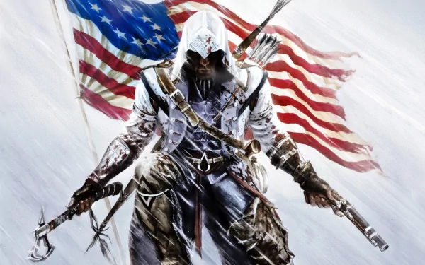 HD desktop wallpaper and background featuring a character from Assassin's Creed III standing in front of an American flag, wielding weapons and dressed in a white hooded outfit.