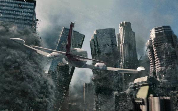 A dramatic scene from a 2012 movie, featuring an airplane navigating through a stormy cityscape with towering skyscrapers and ominous weather, captured as an HD PC desktop wallpaper.