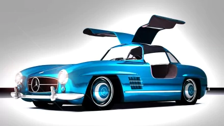 HD PC desktop wallpaper/background featuring a blue Mercedes‑Benz 300SL vehicle with gullwing doors open, polished chrome accents and dramatic studio lighting.