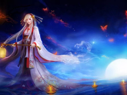 A serene fantasy scene features a figure in a flowing kimono holding a lantern, set against a vibrant night sky with glowing butterflies, creating an enchanting oriental atmosphere.