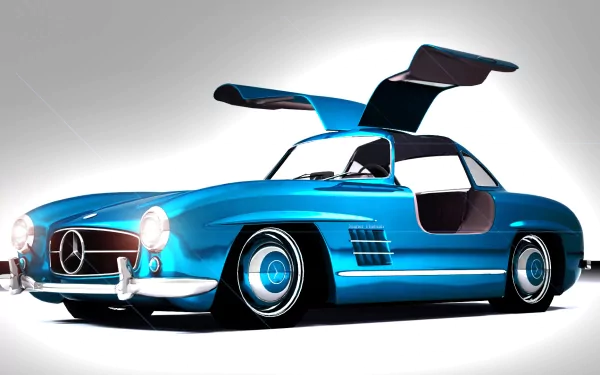 HD PC desktop wallpaper/background featuring a blue Mercedes‑Benz 300SL vehicle with gullwing doors open, polished chrome accents and dramatic studio lighting.