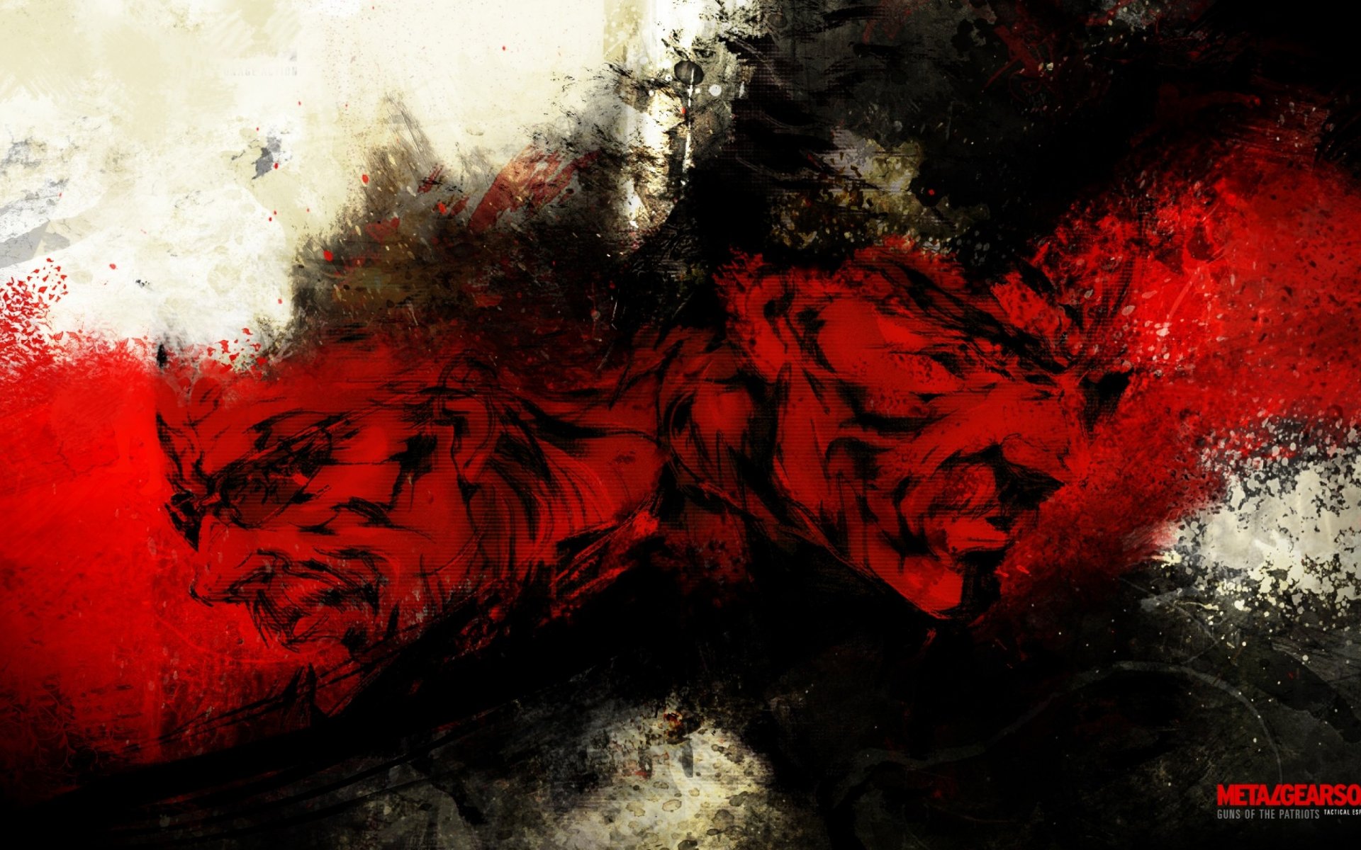 HD desktop wallpaper featuring stylized faces from the video game Metal Gear Solid 4: Guns of the Patriots with gritty red, black, and white abstract background.