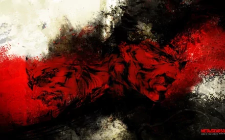 HD desktop wallpaper featuring stylized faces from the video game Metal Gear Solid 4: Guns of the Patriots with gritty red, black, and white abstract background.