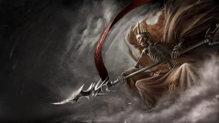 A dark warrior skeleton with a fierce expression wields a spear, surrounded by swirling shadows, captured in stunning 4K Ultra HD for a striking PC desktop wallpaper.