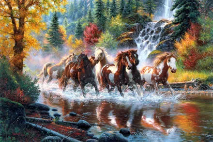 HD desktop wallpaper featuring a beautiful scene with a group of horses galloping through a stream surrounded by lush, colorful autumn foliage and a cascading waterfall in the background.