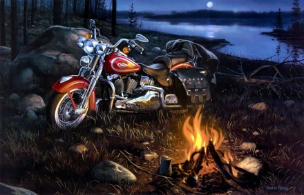A striking Harley-Davidson motorcycle rests beside a glowing campfire, surrounded by nature's tranquility under a twilight sky, creating a captivating HD wallpaper for your desktop.