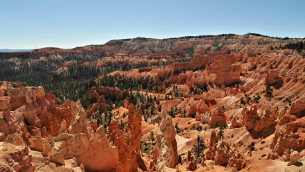 HD PC desktop wallpaper featuring a vast canyon landscape with rugged orange rock formations and green trees under a clear blue sky.