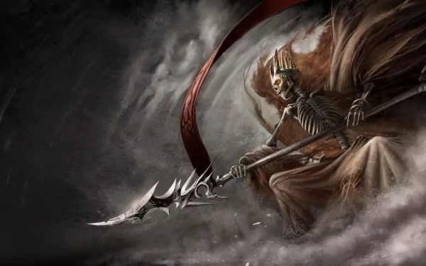 A dark warrior skeleton with a fierce expression wields a spear, surrounded by swirling shadows, captured in stunning 4K Ultra HD for a striking PC desktop wallpaper.