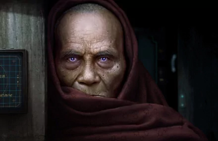 Fantasy-themed HD PC desktop wallpaper featuring an intense older man with glowing purple eyes, wrapped in a dark cloak against a dim, sci-fi background.