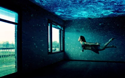 Surreal photographic manipulation of a woman floating like a swimmer inside a flooded room, light streaming through a window — 2K Quad HD PC desktop wallpaper and background.