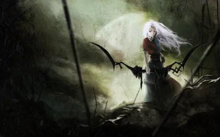 Eirin Yagokoro stands dramatically in a dark, atmospheric landscape, wielding scythes against a haunting backdrop, creating an engaging HD anime wallpaper inspired by Touhou.