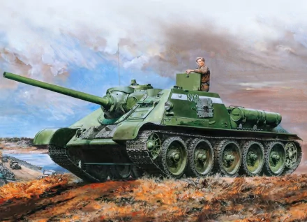 A detailed 4K Ultra HD image of a military tank, showcasing its powerful design against a dramatic backdrop, featuring a soldier atop the tank poised and ready.