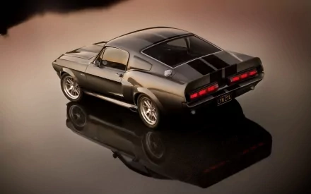 HD PC desktop wallpaper featuring a sleek black Ford muscle car with racing stripes, reflected on a glossy surface.