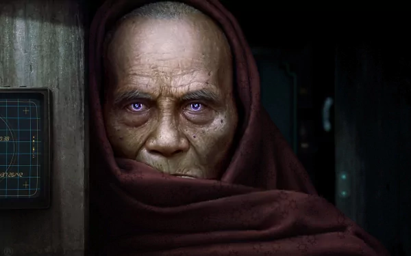 Fantasy-themed HD PC desktop wallpaper featuring an intense older man with glowing purple eyes, wrapped in a dark cloak against a dim, sci-fi background.