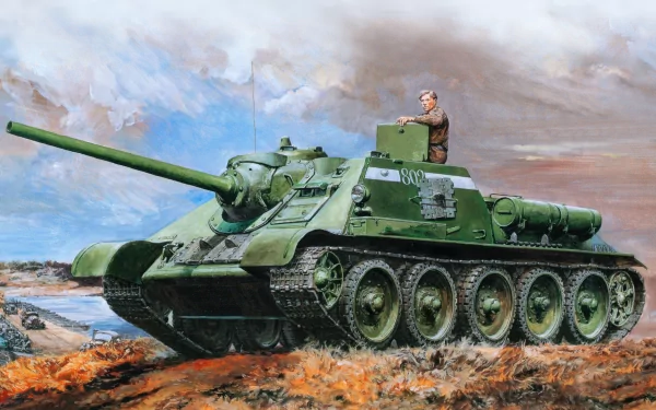 A detailed 4K Ultra HD image of a military tank, showcasing its powerful design against a dramatic backdrop, featuring a soldier atop the tank poised and ready.