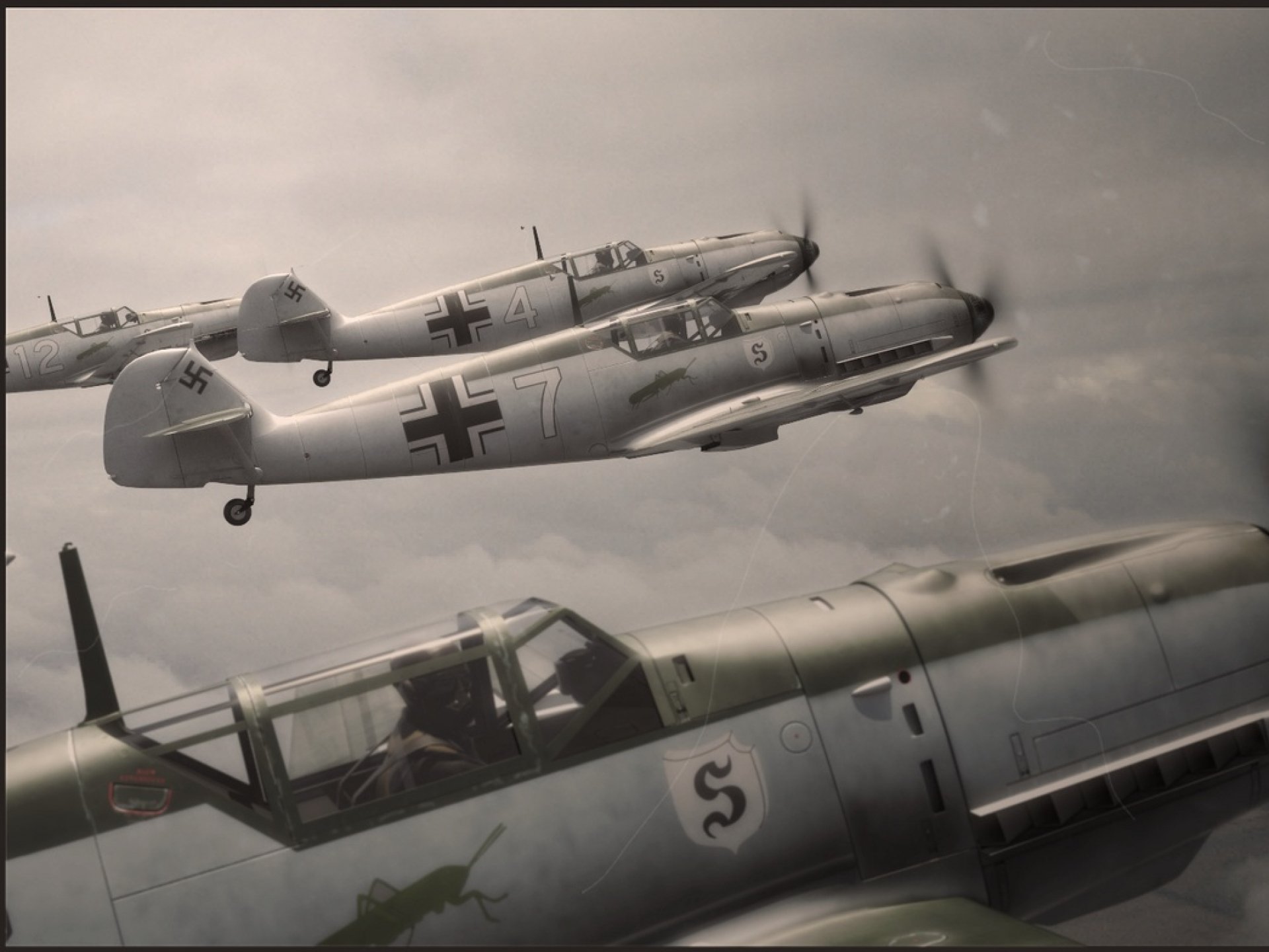 HD desktop wallpaper featuring vintage military aircraft in flight, showcasing detailed close-up views of propeller planes against a cloudy sky background.
