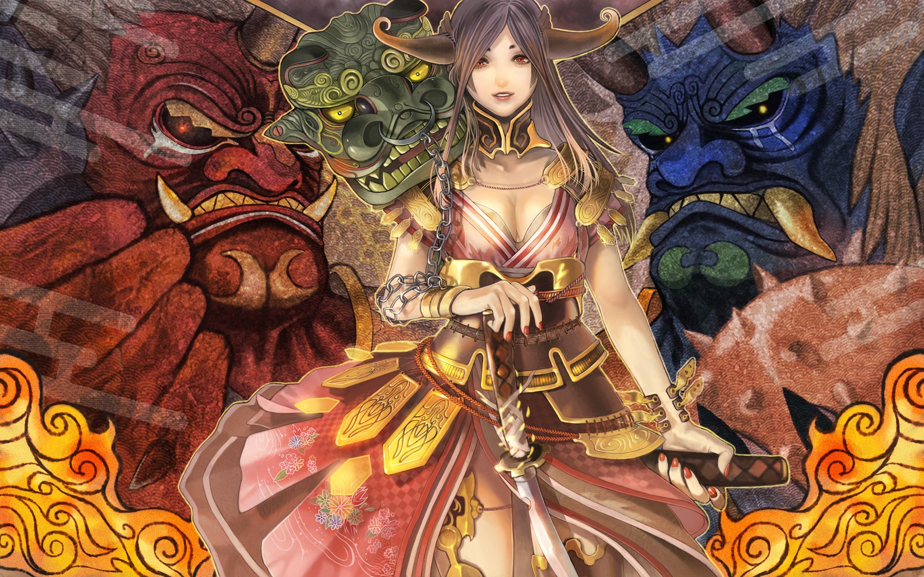 HD anime desktop wallpaper featuring a cute original female character in elaborate armor, flanked by three colorful, fierce guardian masks with swirling flames.