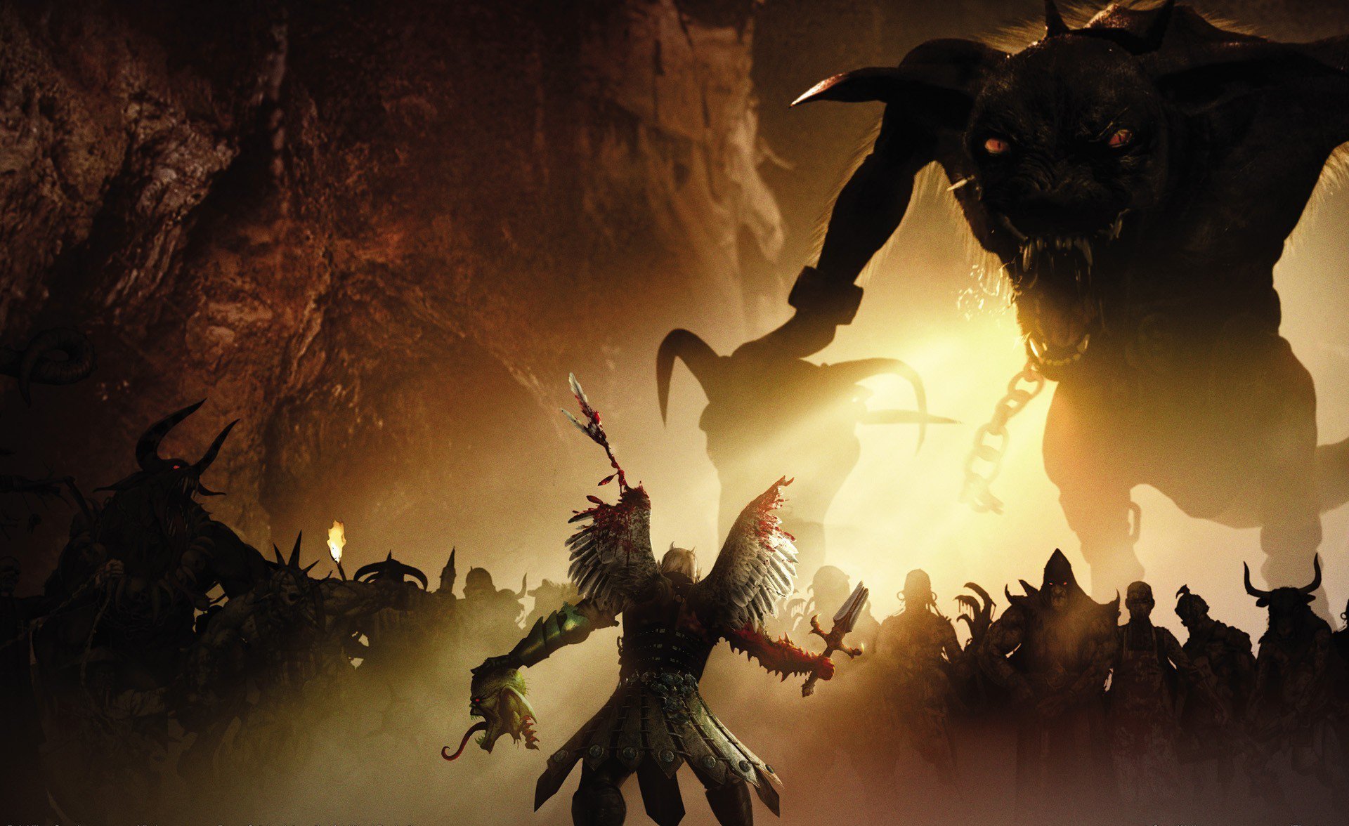 A fierce fantasy warrior stands ready to battle a towering, menacing creature in a dark, fiery landscape, captured in vivid HD for a PC desktop wallpaper.