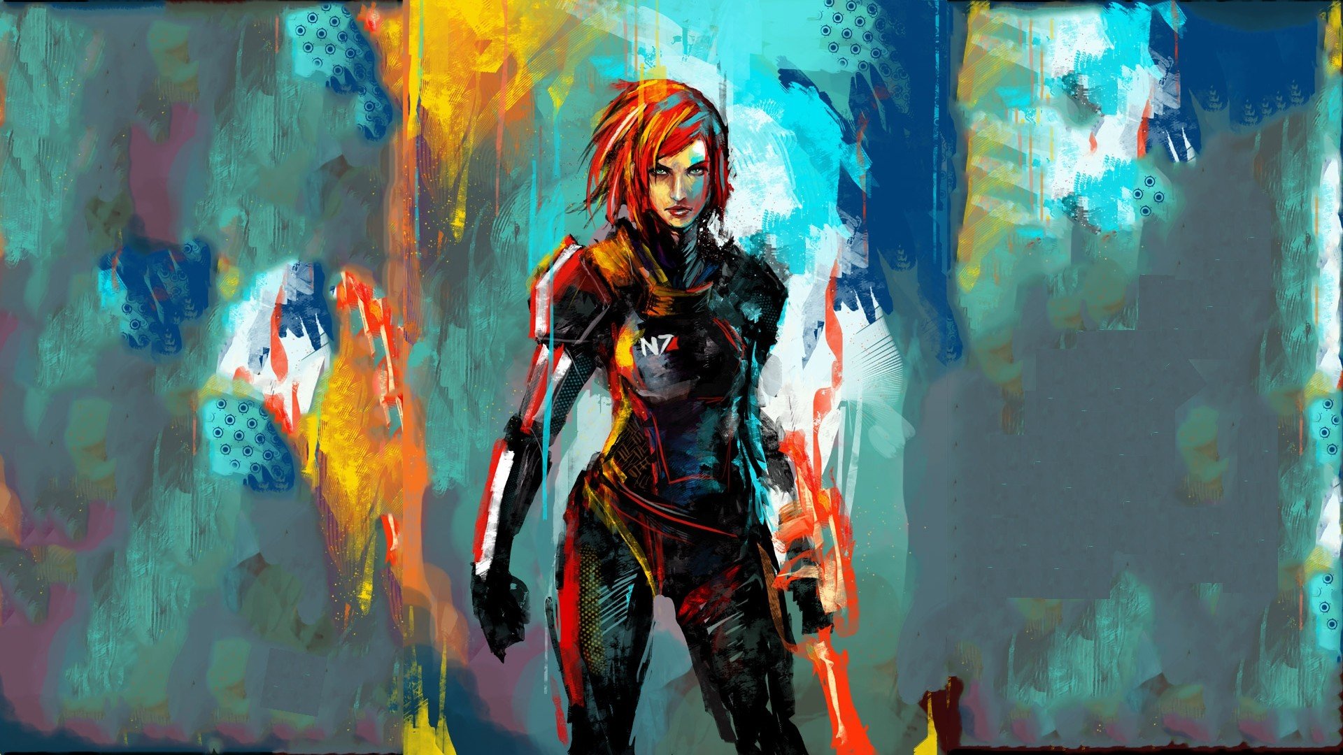 A vibrant HD desktop wallpaper featuring Commander Shepard from Mass Effect, depicted in a colorful, dynamic sci-fi background, capturing the essence of the iconic video game series.