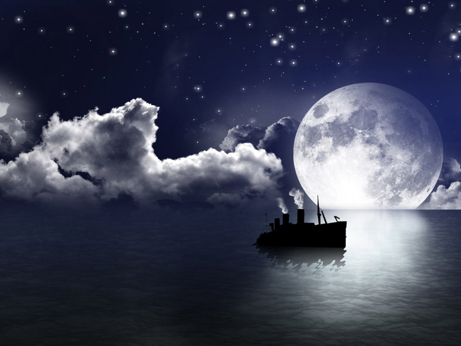 A fantasy landscape HD wallpaper featuring a steamboat silhouetted against a starry sky and a large glowing moon, with clouds reflecting on calm water.