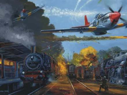 HD desktop wallpaper depicting a dramatic military scene with North American P-51 Mustang fighter planes engaging over a fiery train yard explosion.