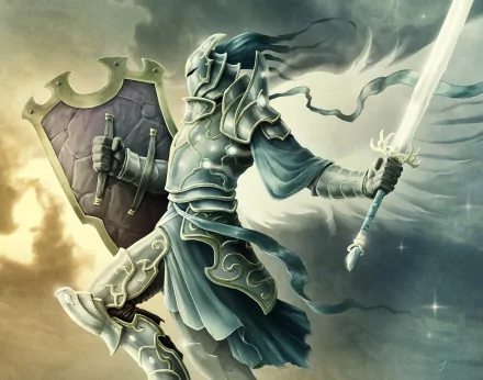 HD desktop wallpaper featuring an angelic knight in ornate armor wielding a radiant sword and shield against a mystical backdrop, embodying the essence of a fantasy angel warrior.