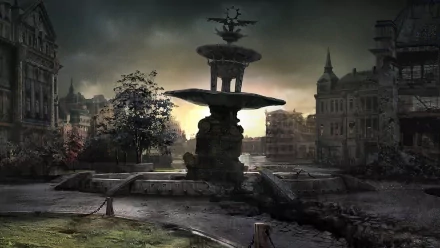 Gears of War video game HD PC wallpaper: moody, ruined city square with a crumbling fountain and desolate buildings under stormy, smoky skies.
