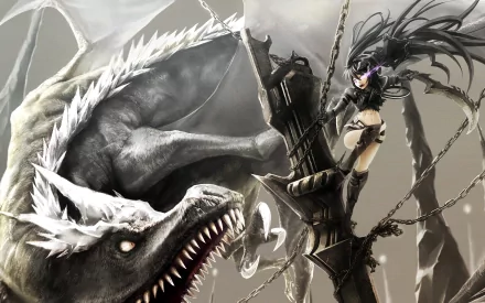 HD desktop wallpaper featuring Insane Black Rock Shooter from the anime Black Rock Shooter, showcasing an intense battle scene with a fierce creature.