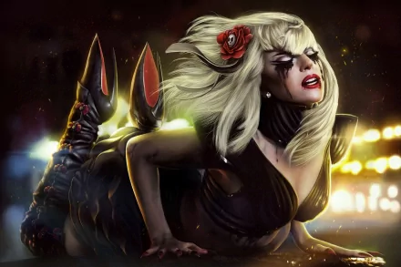 A dynamic HD desktop wallpaper featuring Lady Gaga, showcasing her unique style with dramatic makeup, a striking hairstyle, and a captivating pose against a vibrant background.