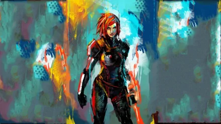 A vibrant HD desktop wallpaper featuring Commander Shepard from Mass Effect, depicted in a colorful, dynamic sci-fi background, capturing the essence of the iconic video game series.