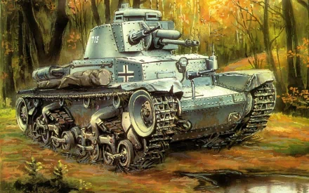 HD PC desktop wallpaper featuring a detailed military Panzer 38(t) tank set in a vibrant autumn forest scene.