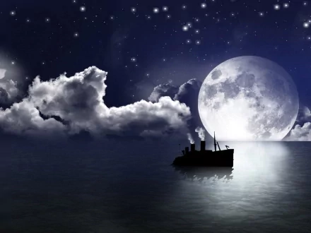 A fantasy landscape HD wallpaper featuring a steamboat silhouetted against a starry sky and a large glowing moon, with clouds reflecting on calm water.