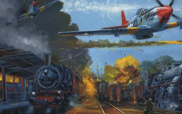 HD desktop wallpaper depicting a dramatic military scene with North American P-51 Mustang fighter planes engaging over a fiery train yard explosion.