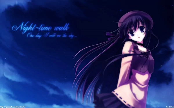 Anime-style girl named Sola stands against a dark night sky filled with clouds, featured in an HD PC desktop wallpaper emphasizing sky and nighttime themes.