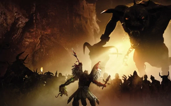 A fierce fantasy warrior stands ready to battle a towering, menacing creature in a dark, fiery landscape, captured in vivid HD for a PC desktop wallpaper.