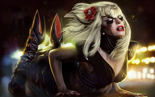 A dynamic HD desktop wallpaper featuring Lady Gaga, showcasing her unique style with dramatic makeup, a striking hairstyle, and a captivating pose against a vibrant background.