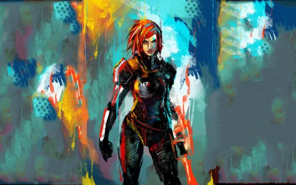 A vibrant HD desktop wallpaper featuring Commander Shepard from Mass Effect, depicted in a colorful, dynamic sci-fi background, capturing the essence of the iconic video game series.