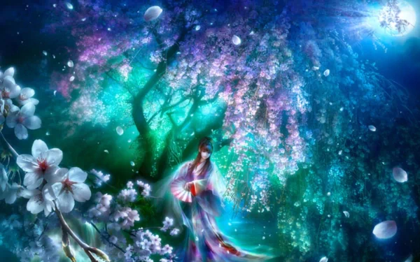 A fantasy HD desktop wallpaper featuring an oriental scene with a moonlit sky, vibrant flowers, and an ethereal figure in traditional attire.