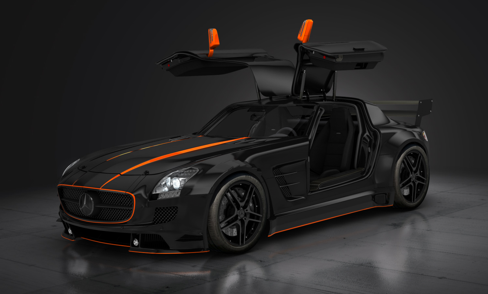 HD PC desktop wallpaper featuring a sleek black Mercedes sports car with gull-wing doors open, highlighted by striking orange accents against a dark background.