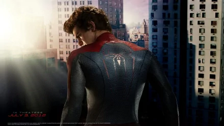 Spider-Man stands poised on a city rooftop, showcasing his iconic suit in this HD wallpaper inspired by The Amazing Spider-Man movie, with a backdrop of urban buildings.