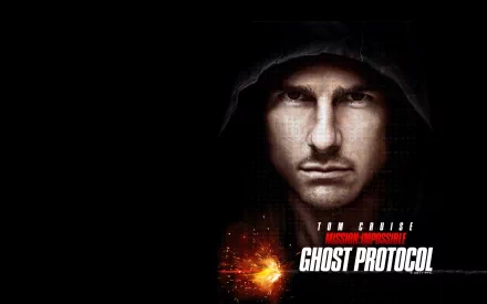 HD desktop wallpaper featuring the movie Mission: Impossible - Ghost Protocol with a close-up of a hooded character's face and the movie title next to an explosion effect on a dark background.
