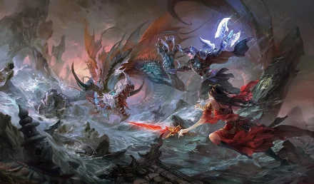 HD PC desktop wallpaper background: fantasy battle - armored warriors and a red-robed heroine with a glowing sword fighting monstrous foes amid stormy ruins