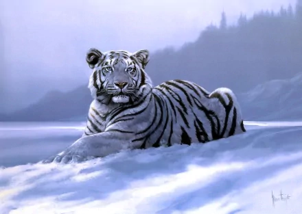HD desktop wallpaper featuring a majestic white tiger resting in a snowy landscape with misty mountains in the background.