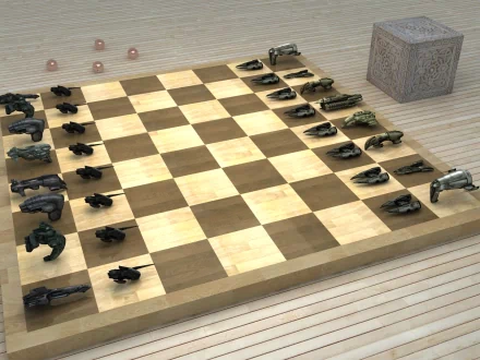 A chessboard featuring intricately designed EVE Online spaceships as pieces, set against a wooden floor, creating a unique blend of strategy and sci-fi aesthetics.