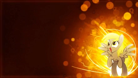 A vibrant HD wallpaper featuring Derpy Hooves from *My Little Pony: Friendship Is Magic*, set against an abstract backdrop with warm orange tones and glowing effects.
