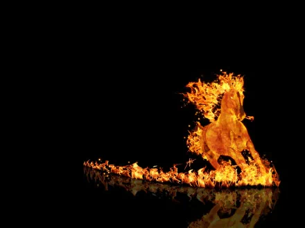 Artistic HD PC desktop wallpaper depicting a fiery horse galloping, its flames blazing vividly against a black background.