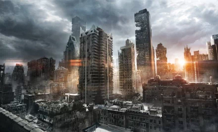 A high-definition desktop wallpaper featuring a dramatic post-apocalyptic sci-fi cityscape with ruined skyscrapers under a cloudy, moody sky and a faint sunset glow.
