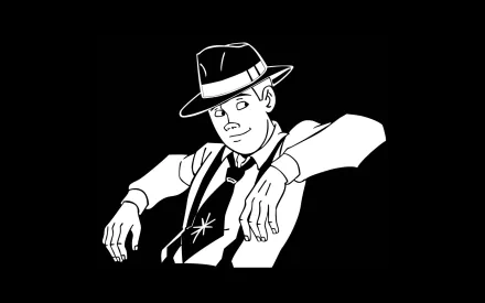 Black and white HD desktop wallpaper featuring a character from the TV show The Venture Bros., dressed in a classic suit and fedora with a confident pose.